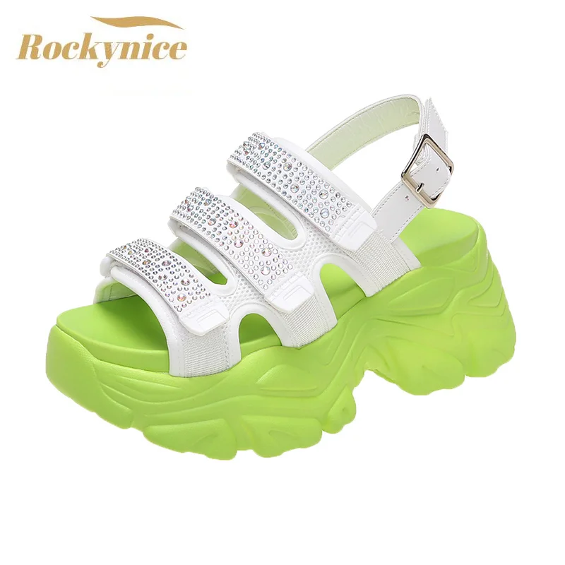 

Bling Shoes Woman Summer Platform Sandals Breathable Crystal Beach Slippers Women 7cm Walking Buckle Sandalias Casual Footwear