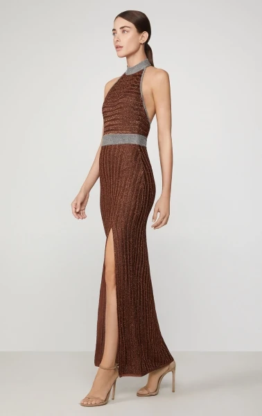 

CY High-quality rayon elegant bandage dress sexy neckline backless gown stretch waist tinsel long cocktail party dress spring