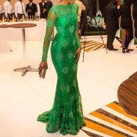 green long lace mermaid formal evening dresses for women full sleeve elegant prom party gowns custom made
