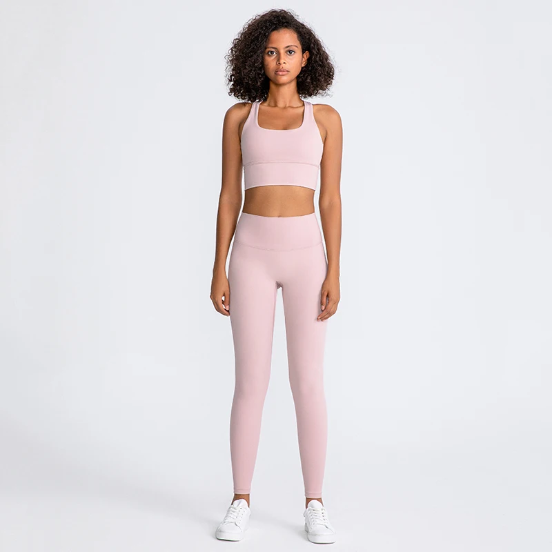 

Women Gym Yoga Set Scoop Neck Bra Twinstrap Crossback Top High Waist Leggings Female Tracksuits Solid Trainning Sportwear 2021