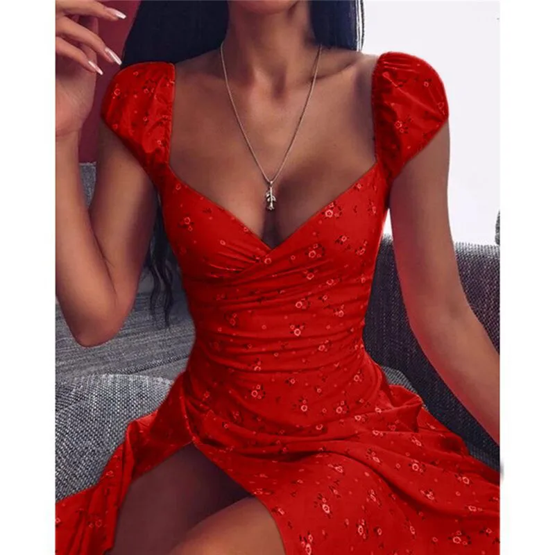 Женское летнее платье с цветочным принтом и квадратным вырезом короткими