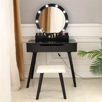 FCH Dressing Table With Single Round Mirror With 8 Cold Light Bulbs 4 Drawers Black