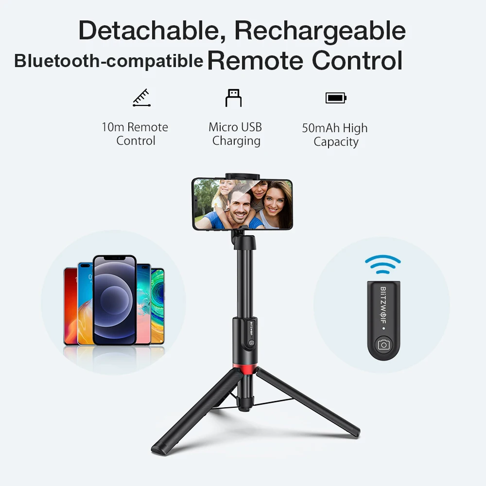 Blitzwolf BW-BS10 Plus Foldable Tripod Monopod Selfie Stick 1300mm Length Extendable Wireless Phone Holder | Электроника