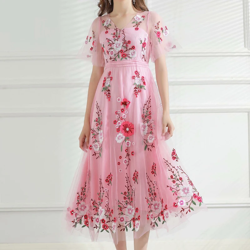 

2021 Summer Runway New Sexy V-Neck Tulle Ethnic Embroidery Flowers Short Sleeve Slim Long Dress High Quality Women'S Clothing