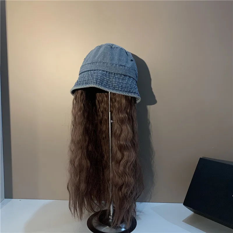 

202112-18-axinxin new autumn Denim fabric Fisherman's hat Splicing Long curly hair lady bucket cap women leisure hat
