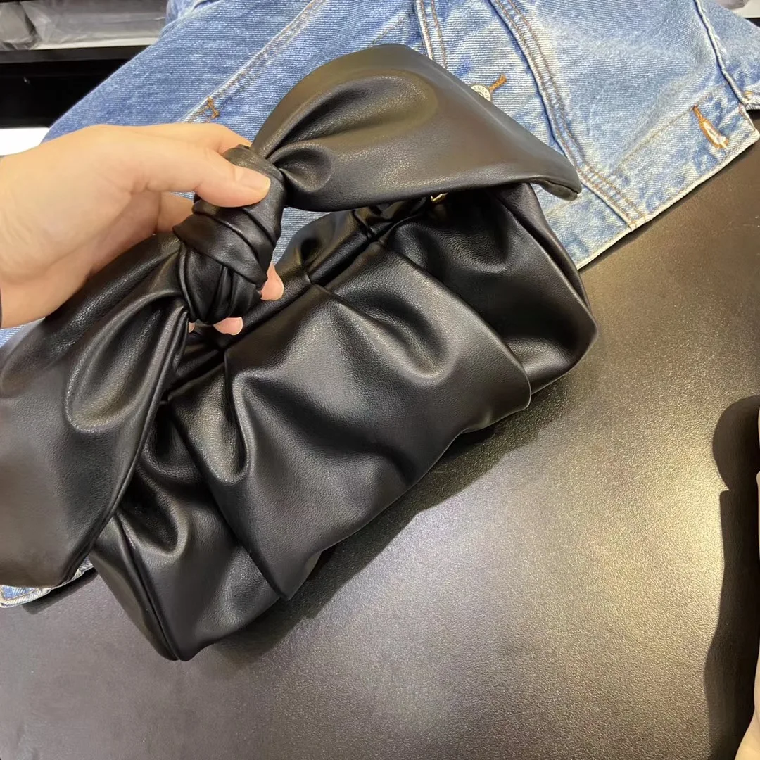 

New Trendy Female Genuine Cowhide Leather Minority Bow Satin Handbag Pleated Cloud Women Shoulder Bag Crossbody Bag