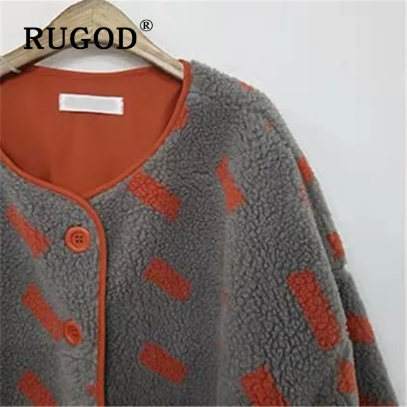 

RUGOD Women Winter Fleece Coat Fashion Print Thick Fluffy Lamb Wool Coat Women Casual Single Breasted Long Sleeve Jacket abrigo