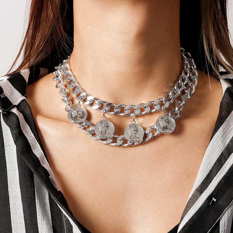 

Fashion Tessals Portrait Coin Pendants Necklaces for Women Punk Multi-Layer Chunky Chain Necklace Statement Party Jewelry
