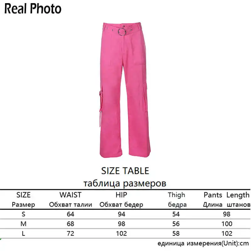 

Streetwear Loose Sashes Straight Pant Women High Waist Trousers Full Length Cargo Pant Pink Buttons s Pocket