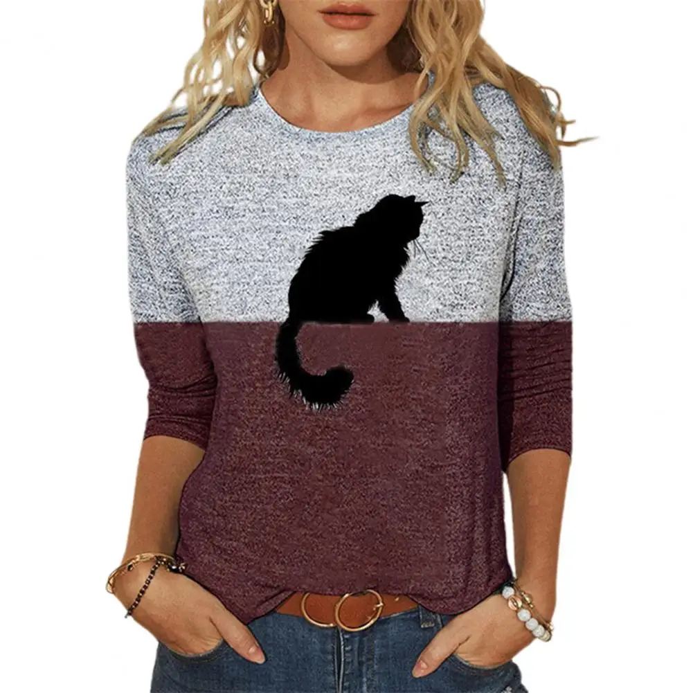 

Pullover Blouse Kitten Pattern Round Neck Cotton Blend Contrast Color Blouse for Daily Wear