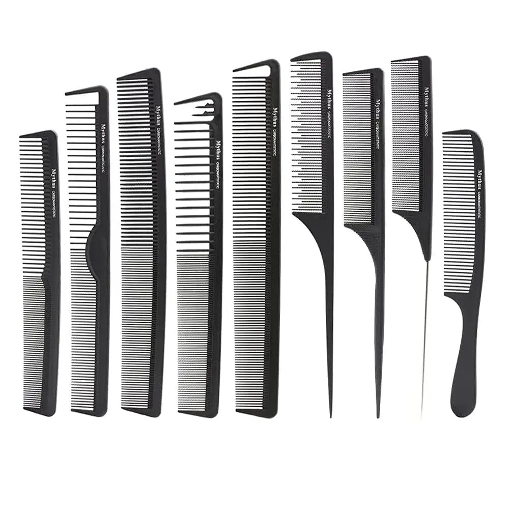 

Mythus 9 Piece Black Carbon Fiber Hair Combs Set, Anti Static Heat-Resistant Rat Tail Comb For Women Men Hair Types Styles