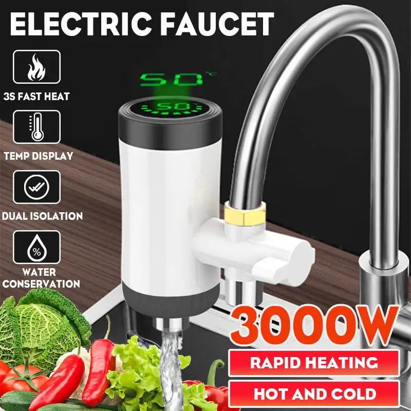 

3000W 220V Instant Tankless Electric Hot Water Heater Faucet Kitchen Temperature Display Instant Cold Heating Tap Water Heater