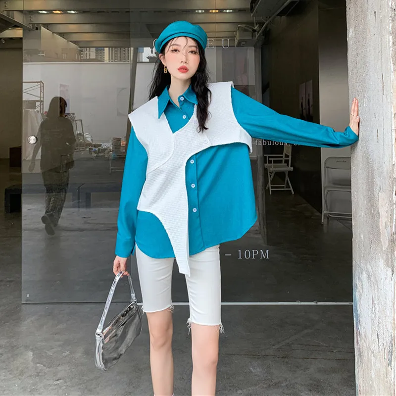 

SuperAen оригинал Осень 2021 Ретро французский колледж жилет рубашка из двух частей синий и белый цвет Соответствующие полный Женский топы