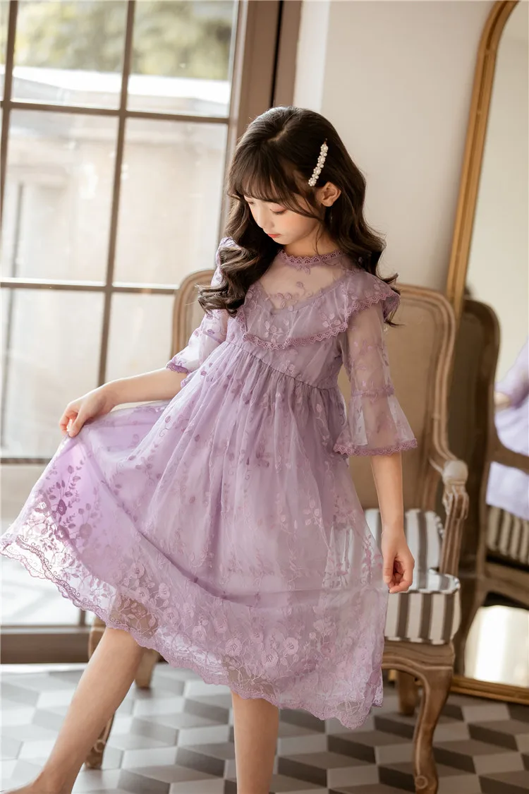 Princess Purple Lace Long Dress for Big Girl New 2020 Summer INS Girls Clothing 4 6 8 10 12 14 years white party dress o school | Детская