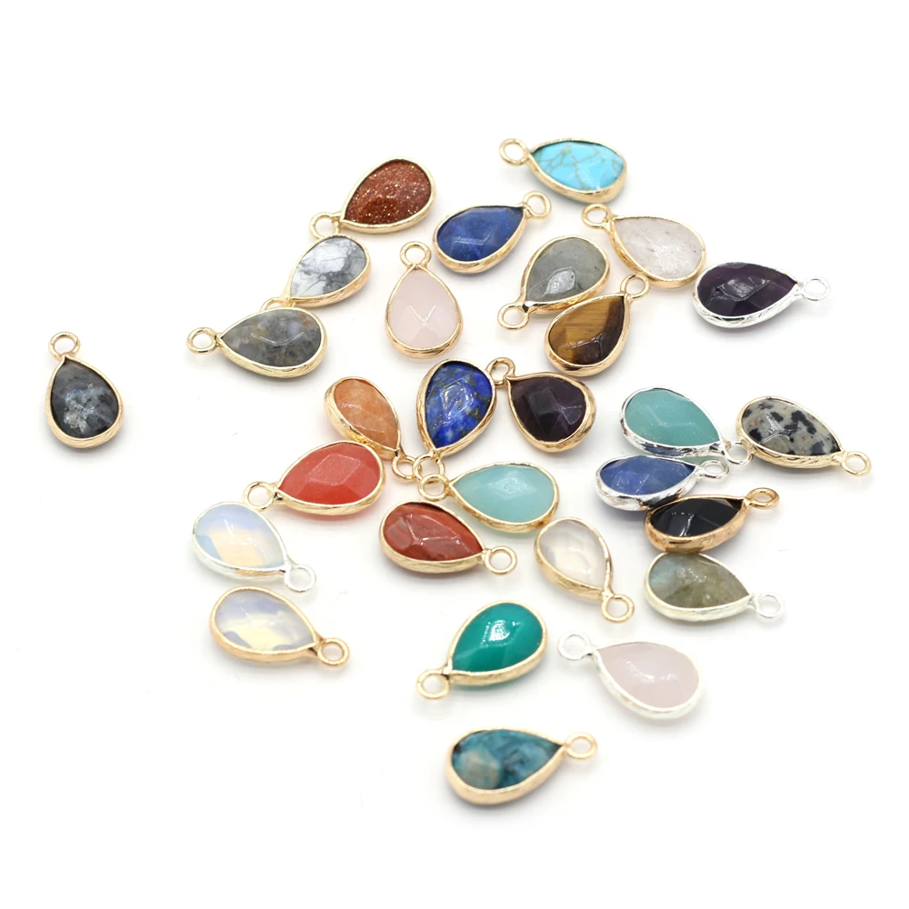 

Natural Rose Quartz Amethyst Opal Agate Pendant 15-20mm Drop-Shaped Gilt Edge Charm for Jewelry Making DIY Necklace Earring