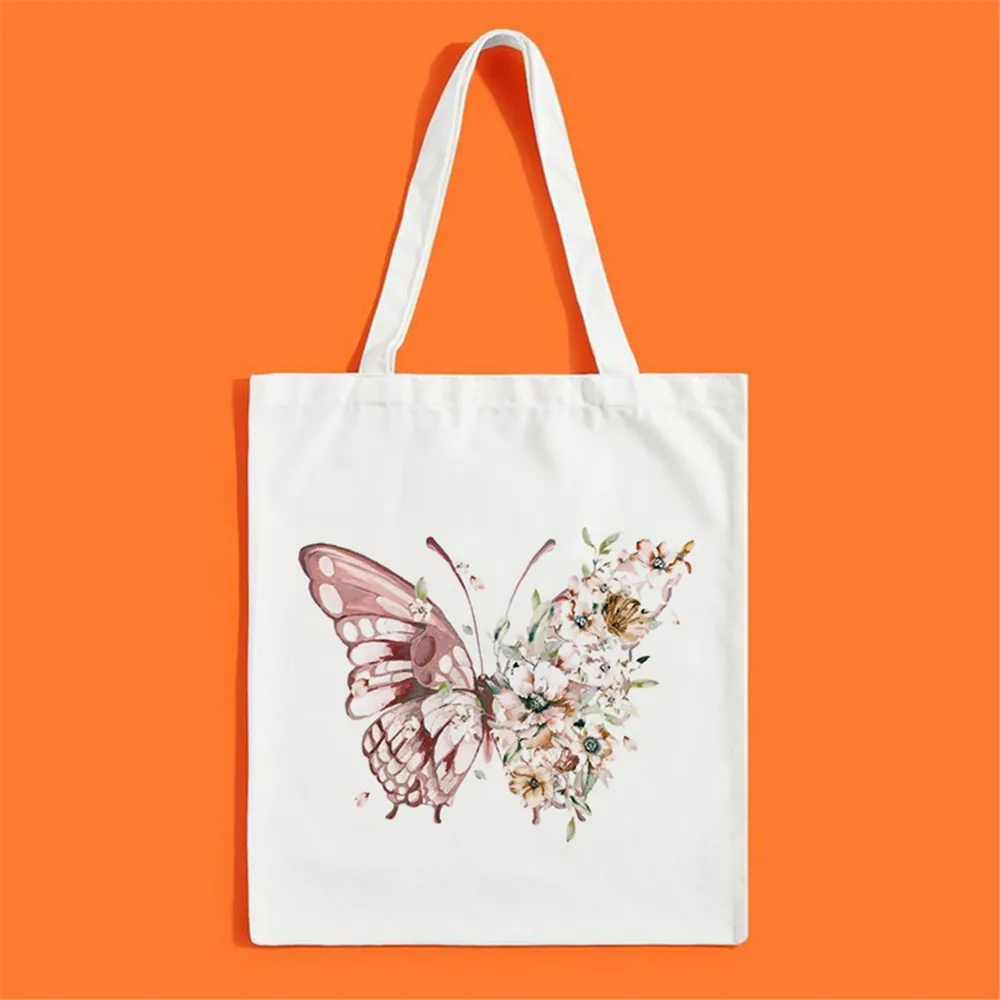 

New 2021 Delicate Butterfly Printing Shopping Bag Women Shoulder Bag Eco Handbag Tote Reusable Grocery Shopper Bags