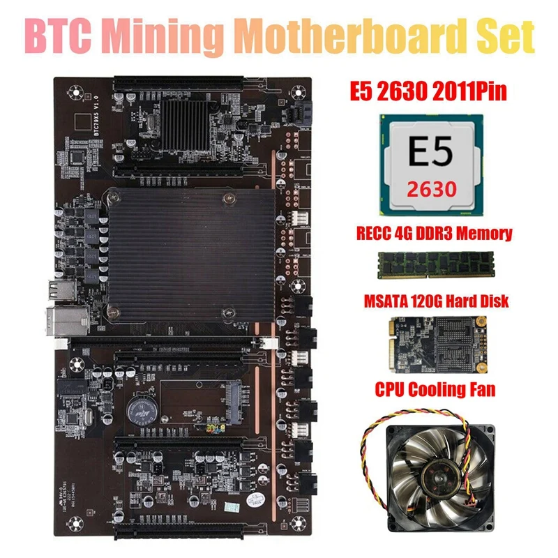

X79 H61 BTC Mining Motherboard 5X PCI-E Support 3060 3070 3080 GPU with E5 2630 CPU RECC 4GB DDR3 Memory 120G SSD+Fan