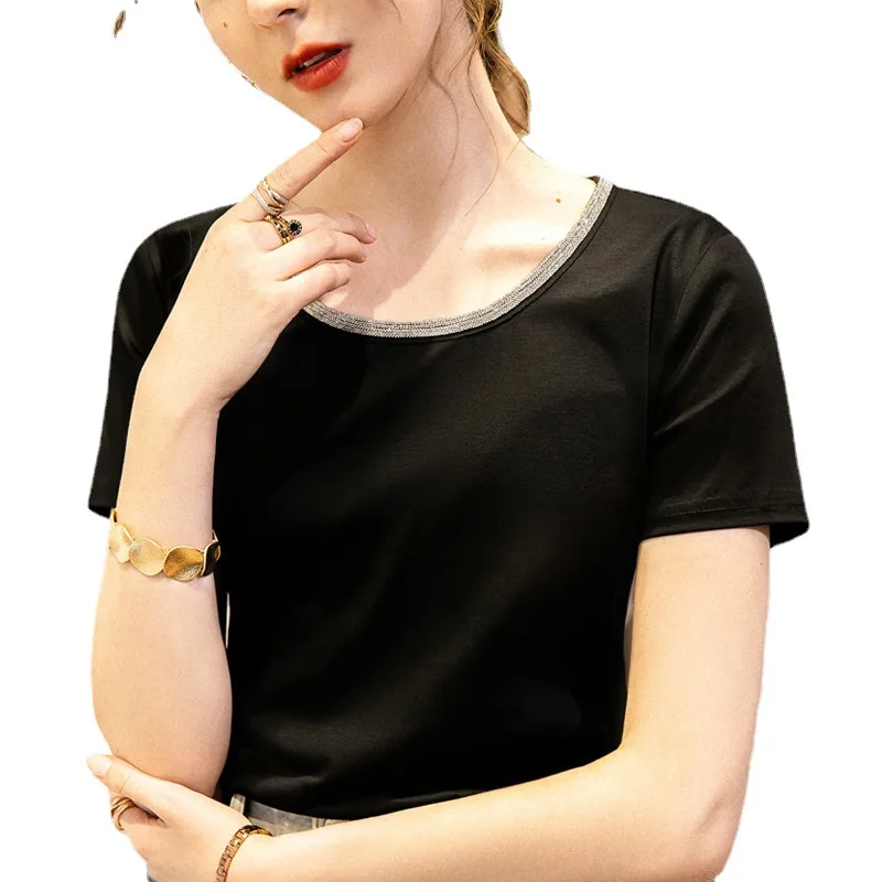 

2021 summer dress new pure cotton short-sleeved mercerized cotton stud beaded foreign style top
