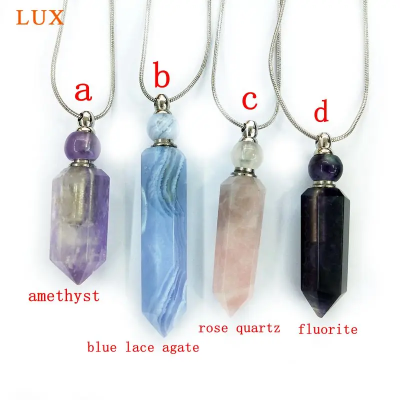 

Natural blue lace agates Amethysts Rose Quartzs Fluorite Perfume Bottle Pendant Essential Oil Jar Chain Necklace