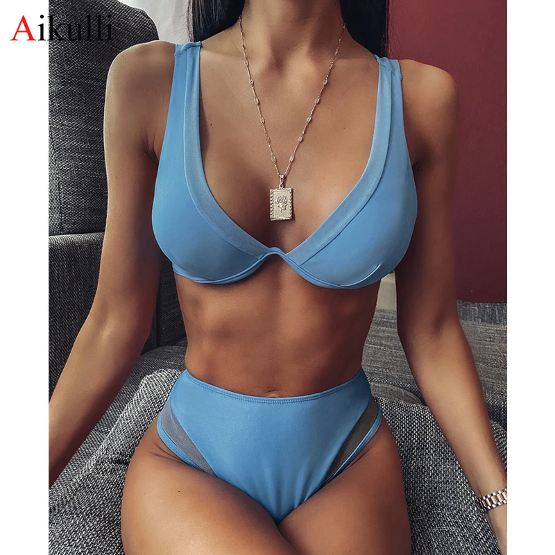 

2021 High Waist Bikinis Women Sexy Underwire Bra Cup Swimsuit Blue Swimwear Two-pieces Bikini Set Female Swimming Bathing Suits