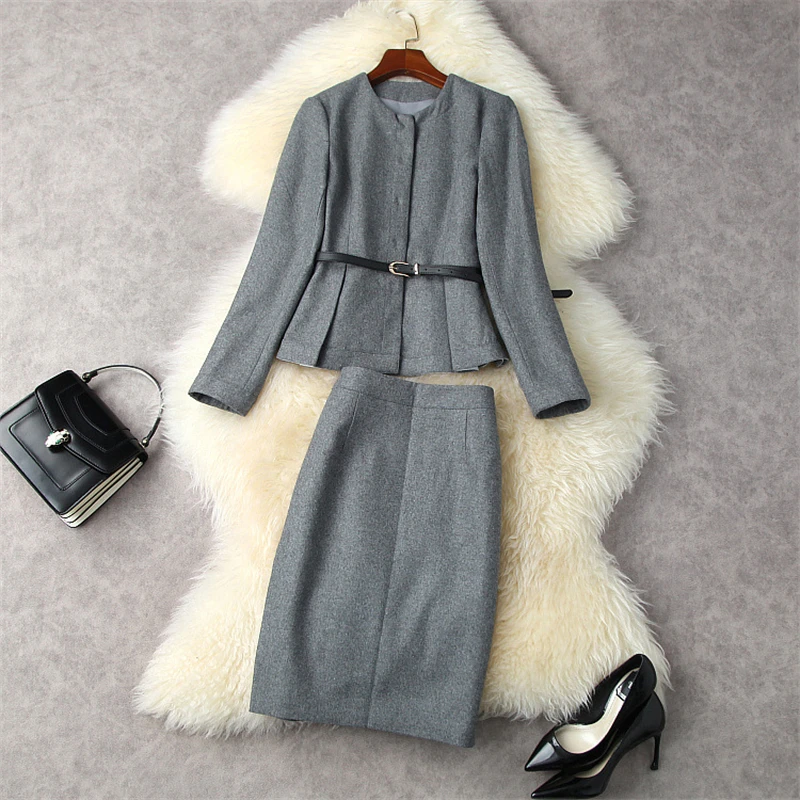 

Office Brief Style Two Piece Set Women Luxury Outfits Winter Elegant Wool Jacket + Pencil Skirt Suits OL Formal Dress Sets Gray