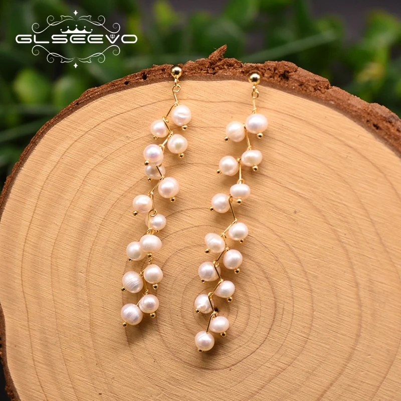 Классические серьги подвески GLSEEVO ручной работы с натуральным пресноводным