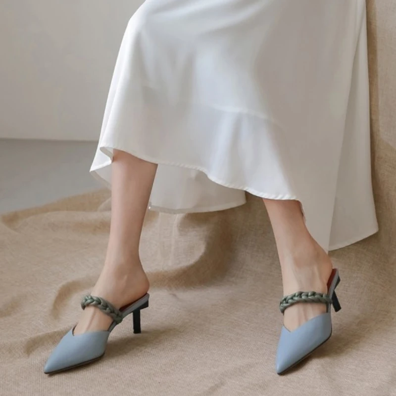 

RizaBina Real Leather Women Sandals Fashion Pointed Toe Shoes Women Slip On Open Heel Slippers Sweet Casual Footwear Size 34-40