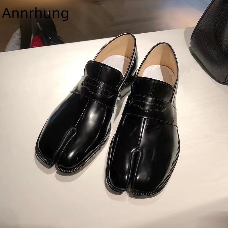 

Black Genuine Leather Casual Shoes Square Heel Individual Split Toe New Spring 2020 Slim Shoes Woman Zapatos Mujer