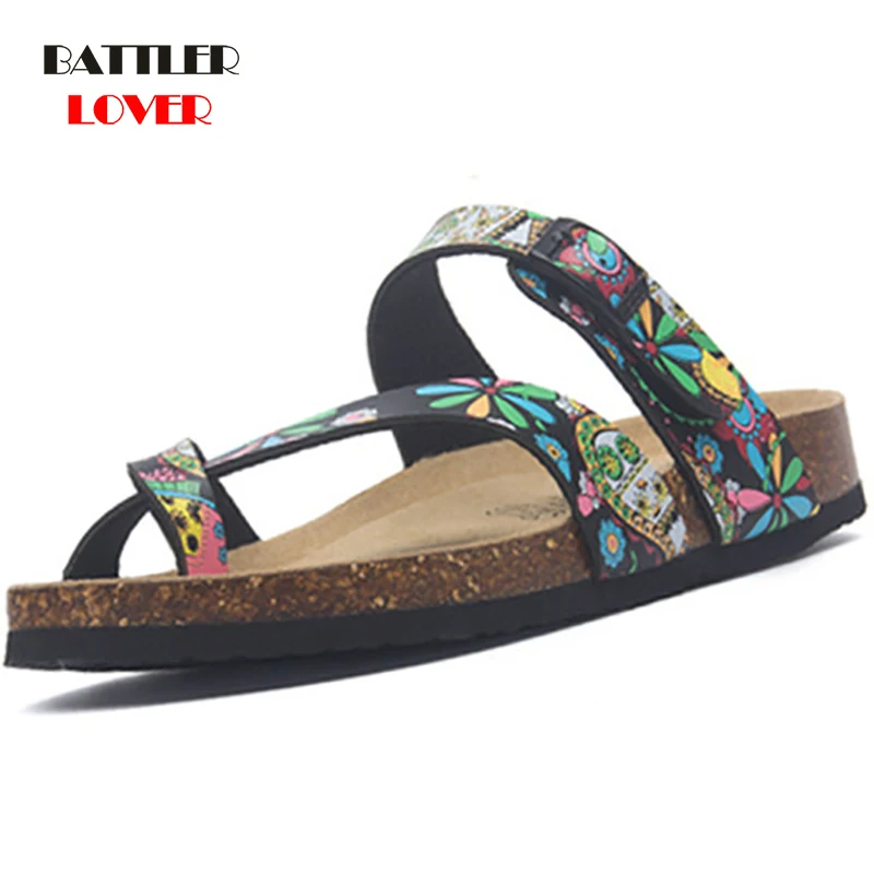 

Flower Print Cork Sandals For Men Clip Toe Slippers Narrow Band Flip Flops Couples Lovers Platform Sandalies Summer Beach Shoes