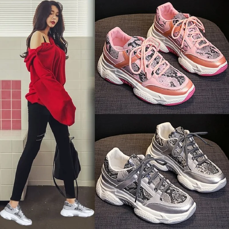 

Woman leopard sneakers breathable mesh silver platform ladies casual knitting shoes glitter sequins chunky sneakers sport shoes