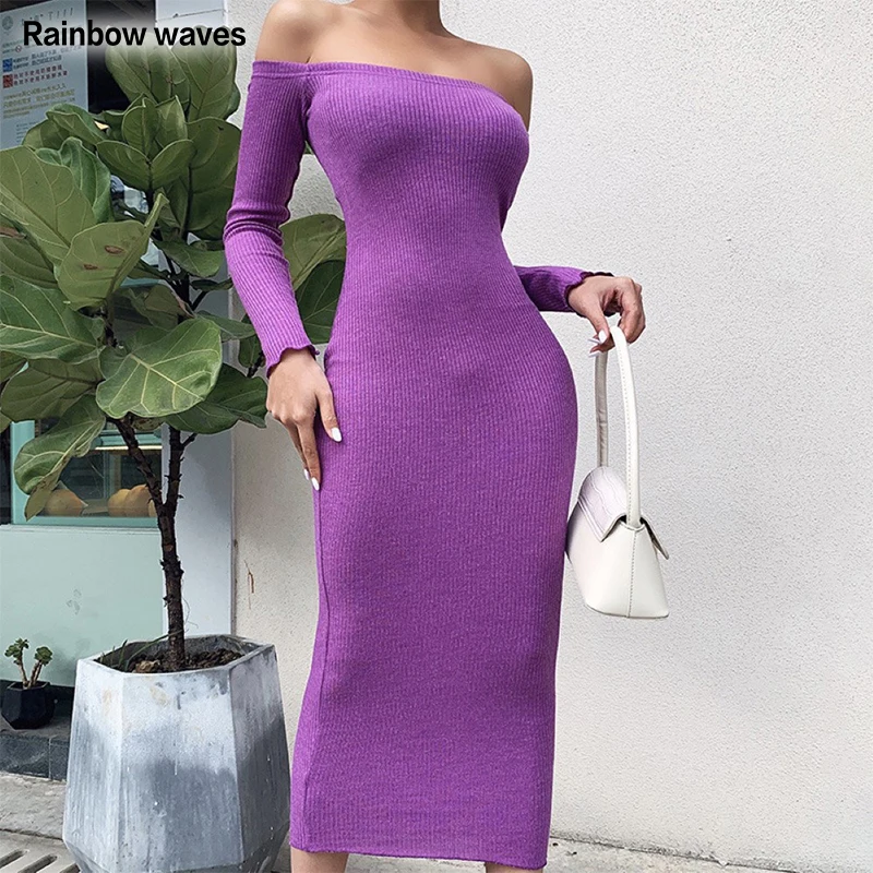 

Rainbowwaves Women Winter Knitted Dresses Sexy Off Shoulder Long Sleeve Long Dress Street Casual Solid Wrap Hip Bodycon Dress