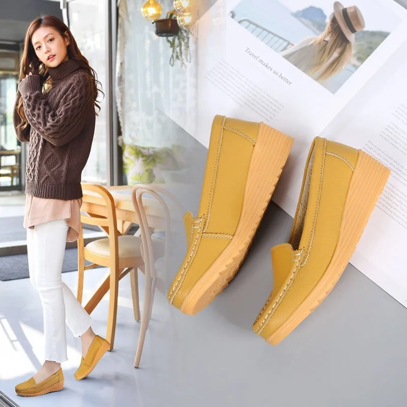

2021 Spring and Autumn Women's Shoes Casual White Shoes Women's Leather Wedge Nurse Shoes plus Size Women's Work Shoes