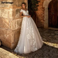 sevintage newest glitter tulle boho wedding dresses illusion o neck bridal dress appliques lace beach bride party gowns 2021