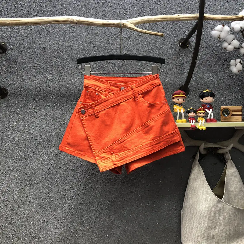 

Женская джинсовая юбка-брюки, оранжево-красная короткая джинсовая юбка-трапеция из двух частей с высокой талией, лето 2021