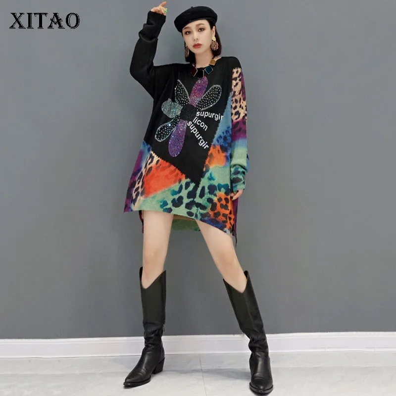 

XITAO Split Dress Fashion New Women Knitted Pullover Full Sleeve Goddess Fan Casual Style 2021 Autumn Loose Dress WMD3294