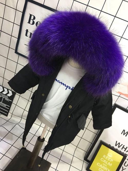 Black Violet Fur Детская куртка-пуховик на утином пуху до 30 градусов зимнее пальто для мальчиков и девочек куртка с капюшоном из меха енота верхняя одежда для девочек, пуховая парка От 4 до 12 лет, TZ430 - Цвет: Black Violet Fur
