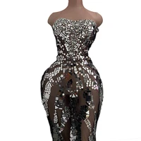 luxury crystal sequin evening see through mesh dress women sexy perspective party mermaid dress banquet prom singer long dress