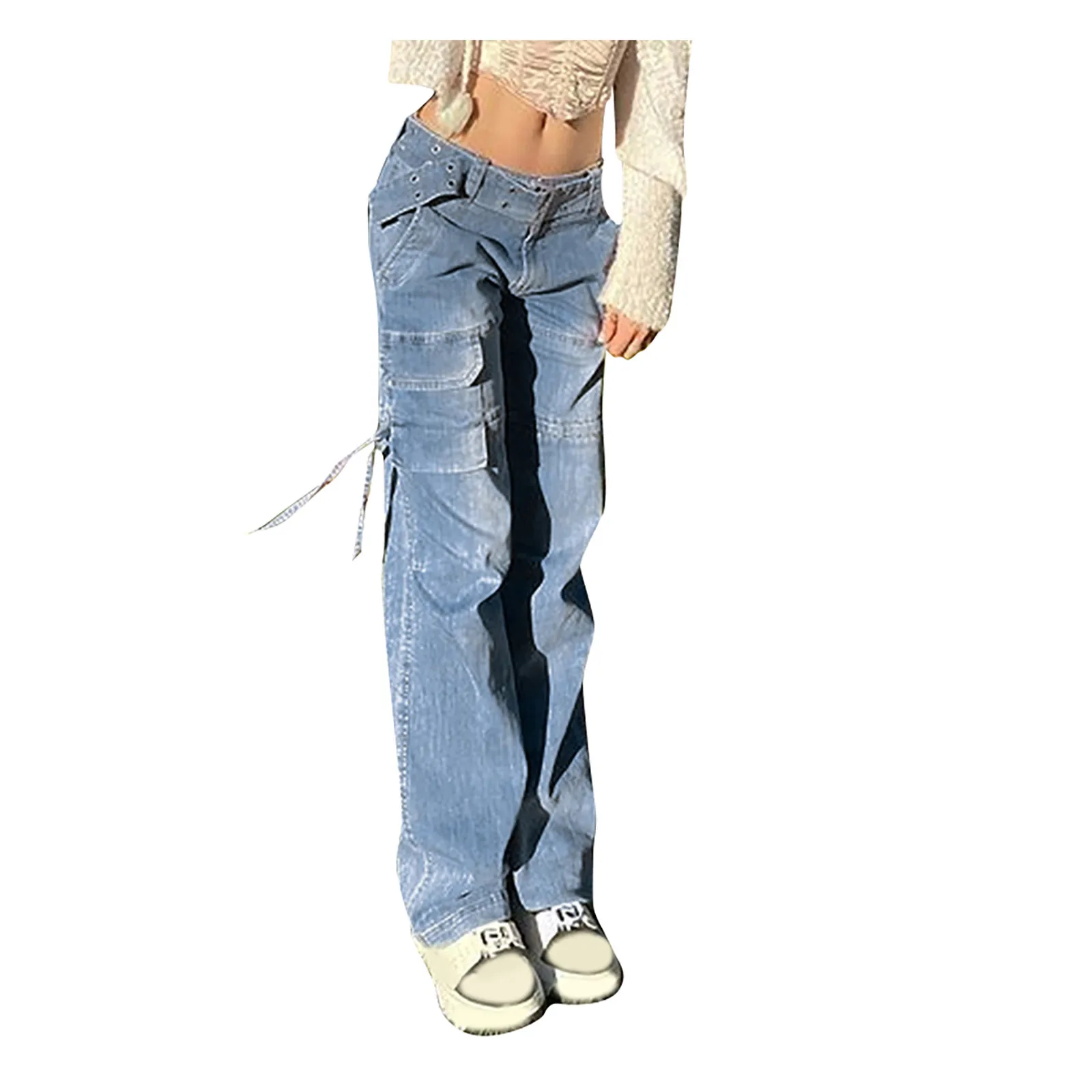 

Fashion Women Street Sexy Belt Drawstring Jeans Mid-waist Retro Casual Pants Vintage Harajuku Straight Pants Loose Jeans