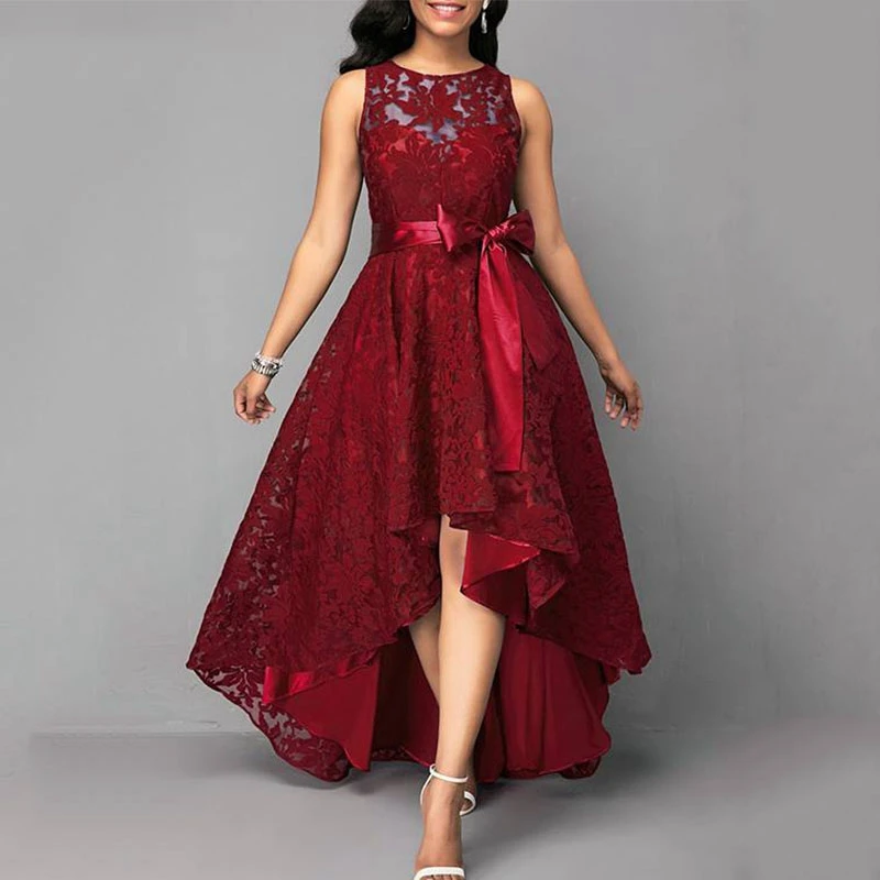 Wipalo Women Plus Size Vintage Sleeveless High Low Hem Belted Lace Party Dress Waist Solid Maxi S 5XL Ladies Vestidos|Женские платья| |