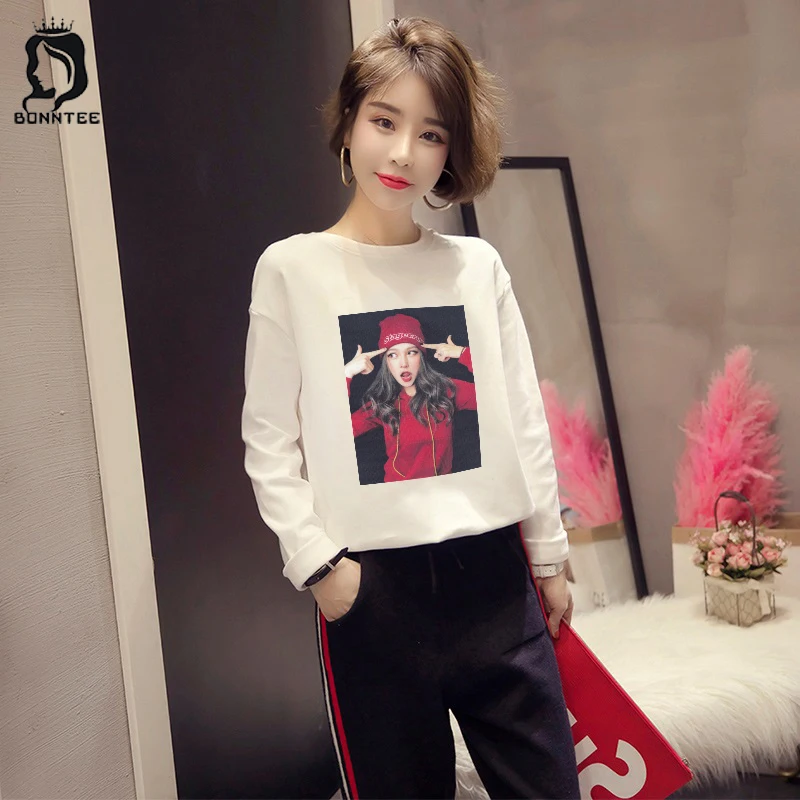 

Футболка женская с длинным рукавом, свободная Модная Повседневная рубашка с принтом, дышащий корейский топ в стиле BF, большие размеры