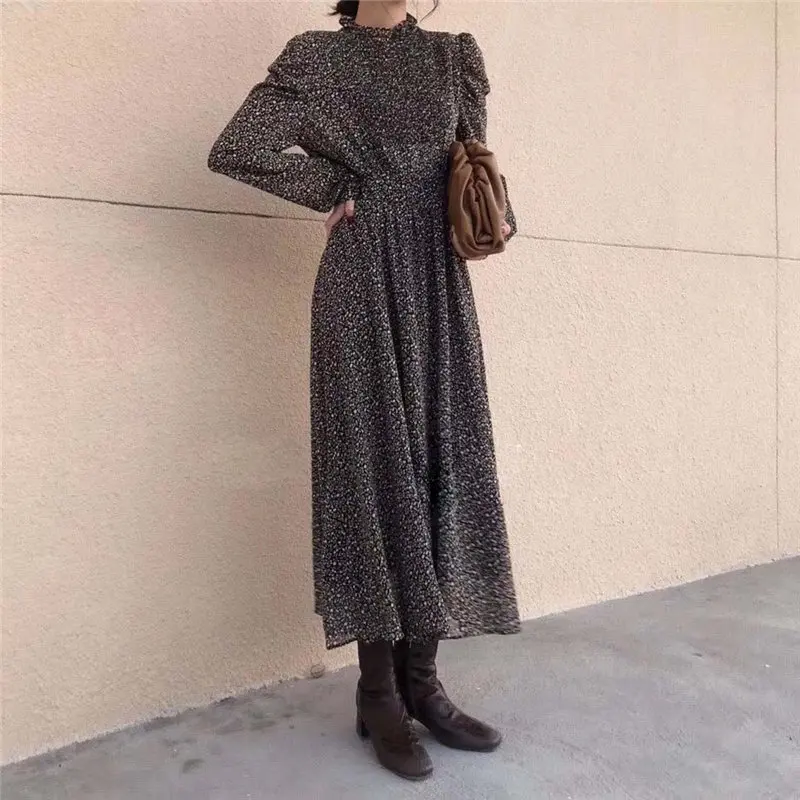 hzirip palace style retro chic 2021 office lady elegant print a line floral gentle full sleeved waist controlled long dresses free global shipping