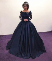 fall winter long sleeve prom dresses navy blue bateau lace satin masquerade ball gown african evening formal wear vestidos