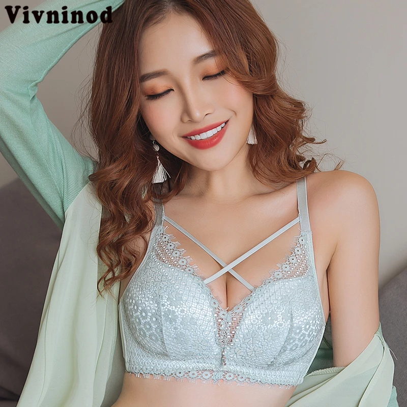 

Sexy Lace Hollow-out Flower Pattern Bras For Women Sexy Wireless Lingerie Deep-V Gather Full Up Small Size Young Girl Bra AB Cup