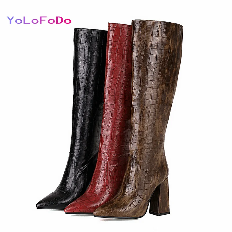 

Black Red Brown High Quality Women Knee High Boots Fashion Pointed Toe Side Zipper Calf Boots Fall Winter Square High Heel Shoes