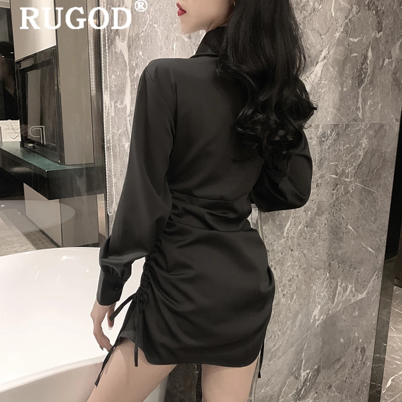 

RUGOD Elegant office ladies white shirts Fashion solid turn down collar mid-length women blouse Casual style Drawstring blouses