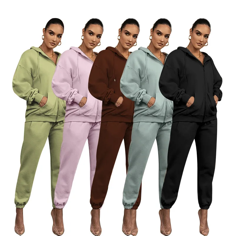 Casual Sweatshirt Hoodies with Pocket Ladies Solid Color Two Piece Set Women's Tracksuits Fitness Outfits