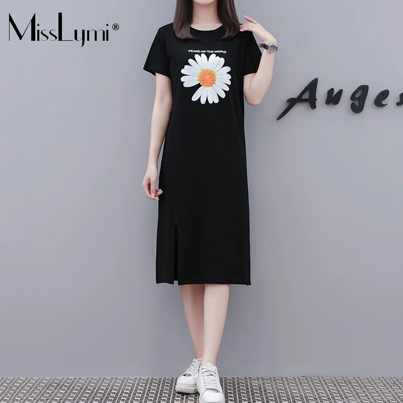 

MissLymi M-4XL Pliu Size Women Forked Tshirt Long Dresses Summer 2021 Fashion Short Sleeve Daisy Print Casual Loose Ladies Dress