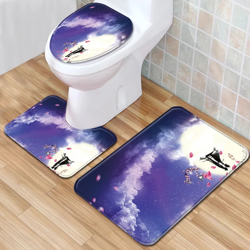 

3pcs Bath Mat Set Texture Printed Toilet Cover Seat Carpet Absorbent Toilet Pedestal Rug WC Foot Pad Non-slip Bathroom Carpets