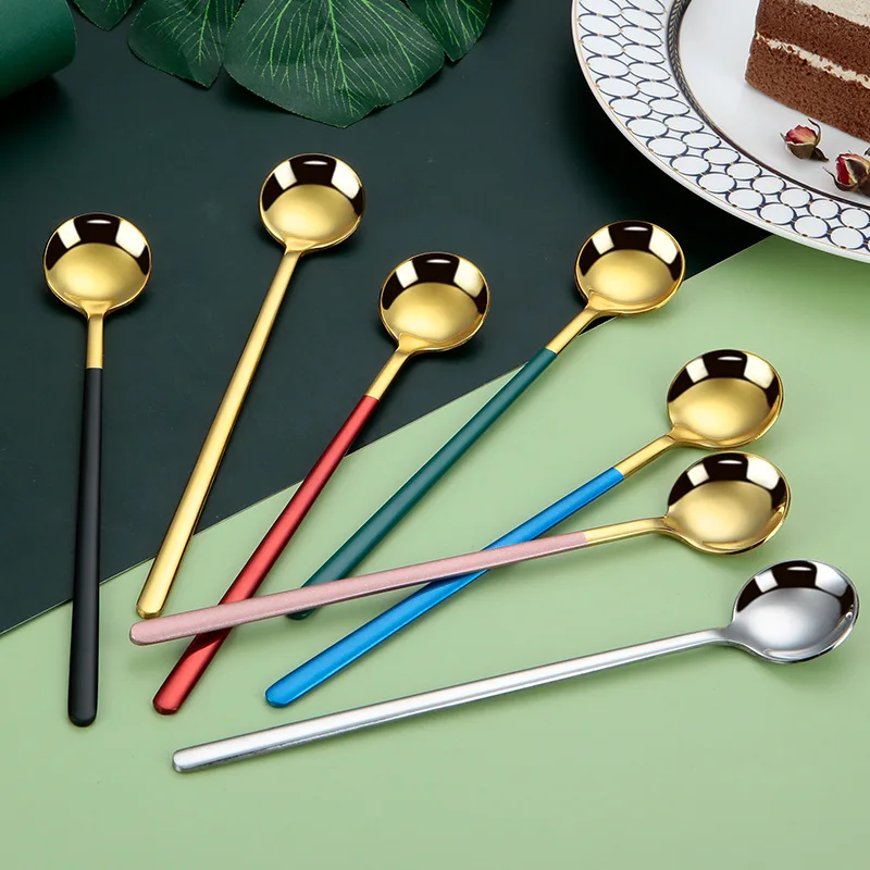 

Long Handle Coffee Mixing Spoon Stainless Steel Round Head Ice Cream Dessert Teaspoon Gold Tableware Kitchen Dinnerware Utensil