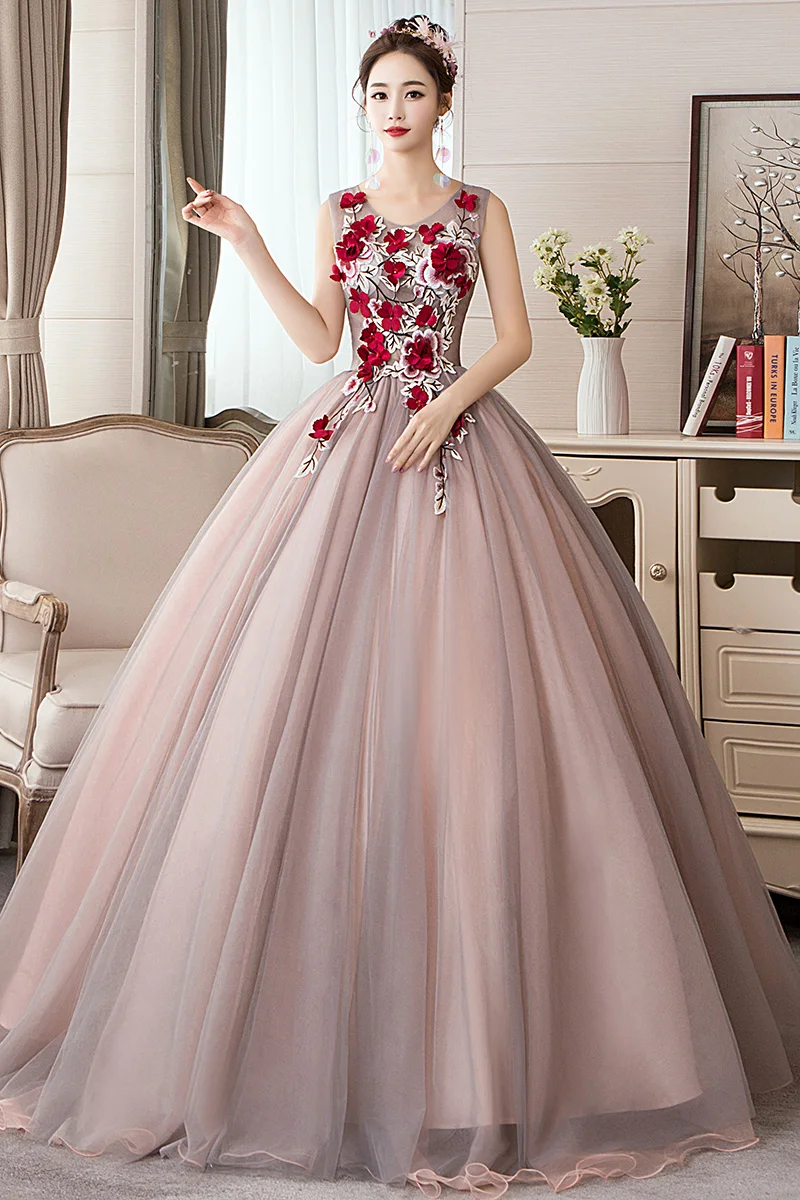 

Quinceanera Gowns V-neck Flower Appliques Ball Gown Party Prom Formal Quinceanera Dresses Plus Szie Vestito Quinceanera